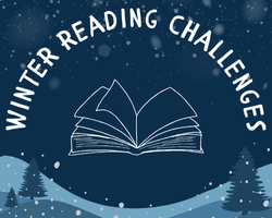 Winter Reading Challenges with book over abstract snowy landscape