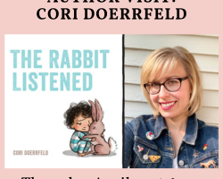Author Visit Cori Doerrfeld. Thursday, April 9, at 6 pm. Features photograph of author and cover of her book The Rabbit Listened